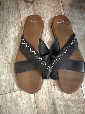 Sanuk Black Crisscross Slide Sandals with Stud Accents